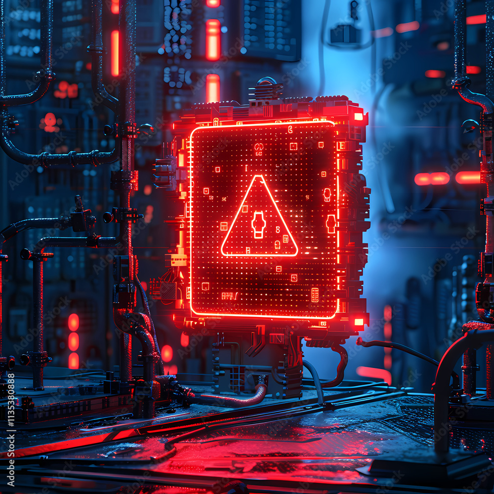 Poster cyberpunk warning: glowing red warning sign on a futuristic circuit board, set against a backdrop of