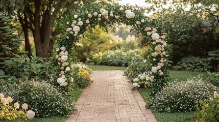 A beautiful archway of flowers is in the middle of a garden path