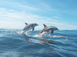 Obraz premium Two dolphins leaping out of the ocean against a clear blue sky.