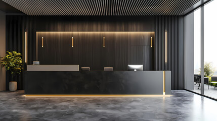 Modern Dark Wood Reception Desk: A sleek, contemporary reception desk crafted from dark wood with integrated lighting.