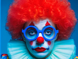 A colorful, highly detailed portrait of a sad clown with a bright red wig, oversized blue glasses, and expressive face paint against a vibrant blue background. Generative AI