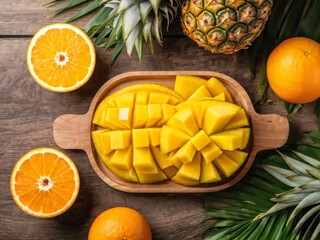 A vibrant flat-lay shot of tropical fruits, including pineapples, oranges, and sliced mangoes, artistically arranged on a rustic wooden surface with green leaves. Generative AI