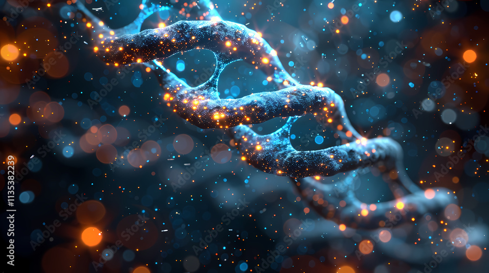 Poster glimmering code of life: a mesmerizing close-up of a dna double helix, rendered in a digital, almost