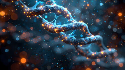 Glimmering Code of Life: A mesmerizing close-up of a DNA double helix, rendered in a digital, almost ethereal style, sparkles with light like a constellation of stars against a deep blue backdrop.