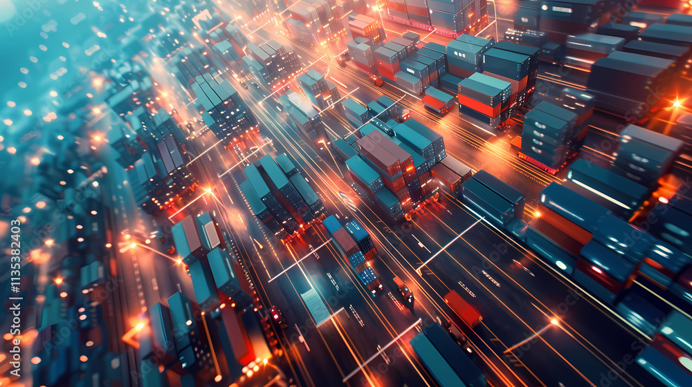 Poster global trade in motion: a mesmerizing aerial view of a bustling shipping port at night, illuminated 