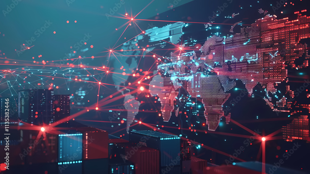 Poster global network connections: a stylized digital illustration of a world map with vibrant red and blue