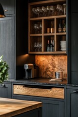 Modern kitchen alcove with dark cabinetry, wood shelving, wine glasses, and coffee maker.