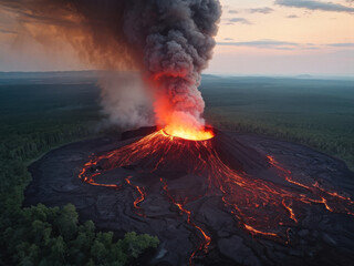 A wide-angle aerial view of an active volcano erupting with lava flows, surrounded by dense green forests, with dramatic smoke and ash rising into the sunset sky. Generative AI