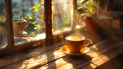 Golden Hour Coffee: A warm, inviting scene with a steaming cup of coffee on a wooden windowsill, bathed in the golden glow of the morning sunlight. The perfect image for a cozy and comforting vibe. 