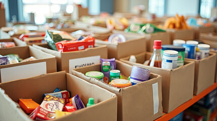 Donation drive at a community center with organized boxes of food and supplies during the afternoon hours