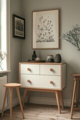 Mid-century modern chest of drawers in a light and airy room with wooden legs and light wood accents, botanical print, and minimalist decor.