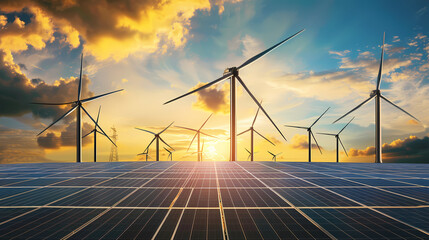 Golden Hour Energy:  A breathtaking panorama of wind turbines and solar panels silhouetted against a vibrant sunset, symbolizing clean energy and sustainable solutions. 