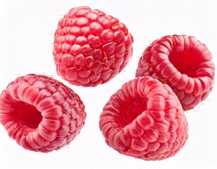 Fresh raspberries floating in the air, isolated on white background.
