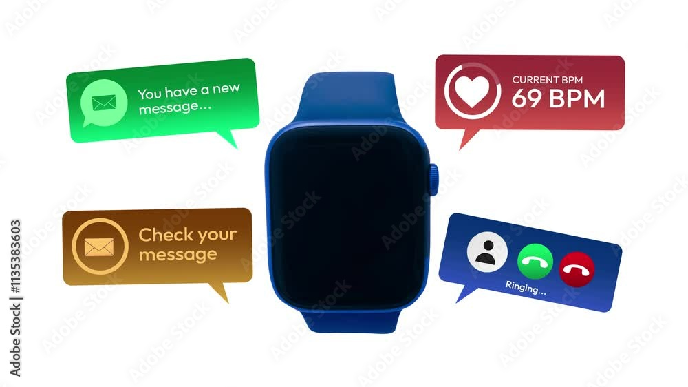 Poster blue smart watch hovering with bouncing notification on white backdrop, 4k animation. technology gad