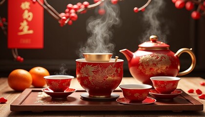 Fototapeta premium Ornate Chinese tea set with steaming tea pot, red cups, and festive oranges symbolizing fortune and prosperity on a Lunar New Year table
