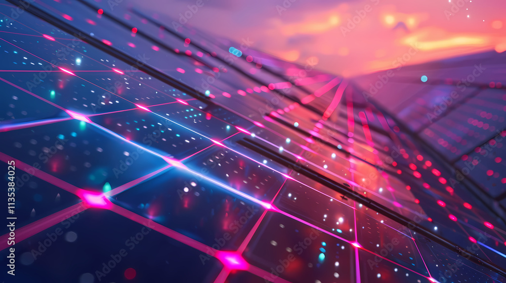 Poster digital grid: a mesmerizing digital grid of interconnected nodes glows with vibrant neon lights, ref