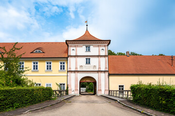 Obraz premium Historical entrance to Wallerstein Castle and brewery.