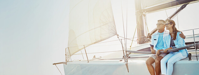 Ocean, banner and couple on boat for holiday, vacation and travel with love or adventure in Greece. Mockup space, romantic date and people hug on yacht at beach to relax for sailing trip and view