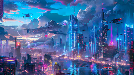 Fototapeta premium Neon Metropolis: A vibrant cyberpunk cityscape bathed in neon lights, with towering skyscrapers, futuristic vehicles flying overhead, and a breathtaking view of the sprawling urban landscape. 