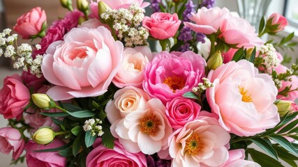 A beautiful arrangement of fresh pink peonies and roses with space for text, petals, bouquet