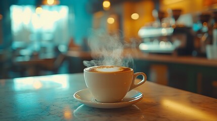 Steaming cappuccino in cafe setting.