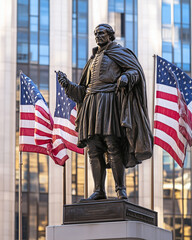 Obraz premium Columbus statue with American flags around, bright city background, patriotic and historical feel