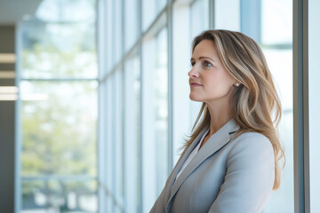 Fototapeta premium A woman in a minimalist office, focused on a business plan, clean aesthetic, bright and modern atmosphere, symbolizing success