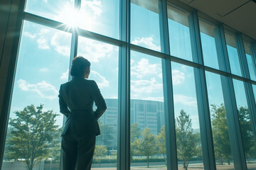 A woman in a minimalist office, focused on a business plan, clean aesthetic, bright and modern atmosphere, symbolizing success