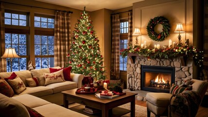 Christmas evening living room, New Year night, warm light decoration