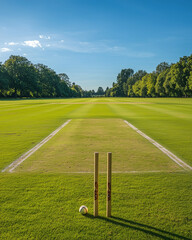 Obraz premium Close-up of the crease and markings on a cricket pitch, clear blue sky, focus on detail and texture
