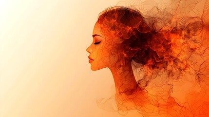 A graceful profile of a young woman with flowing hair, surrounded by swirling orange and red smoke, evoking a sense of warmth and passion.