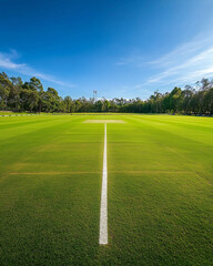 Close-up of the crease and markings on a cricket pitch, clear blue sky, focus on detail and texture