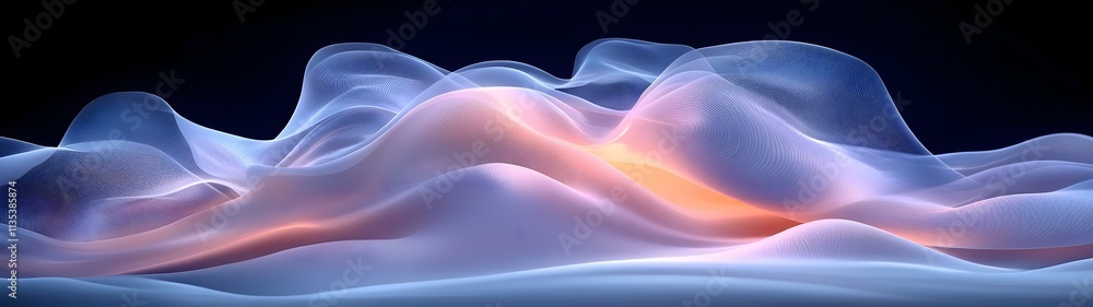 Poster a captivating abstract representation of soft, flowing waves with luminous highlights, featuring a b