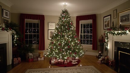 Obraz premium Illuminated Christmas tree in cozy living room at night.