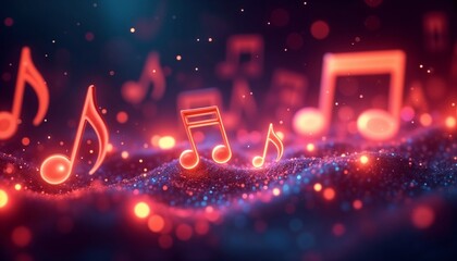 Glowing musical notes floating above colorful waves in a dynamic light show