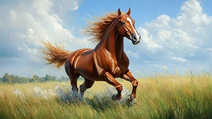 Obraz premium Chestnut horse running through summer pasture mane flying in the wind vibrant green fields freedom