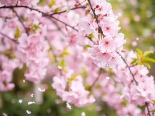 Fototapeta premium Pink sakura petals falling gently in the background of a serene garden scene, background, pink, cherry blossom