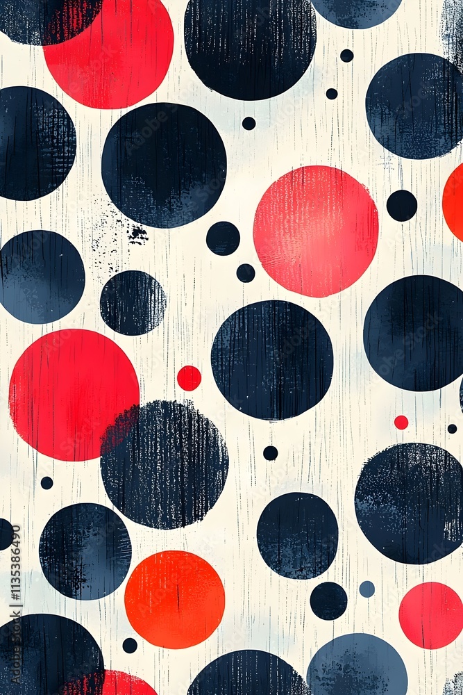 Poster A vibrant abstract pattern featuring large and small red, navy, and black circles on a soft cream background, creating a playful and modern visual appeal.