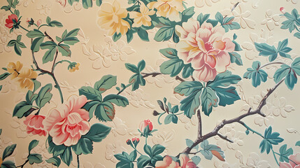 Floral Tapestry: A vintage-inspired floral wallpaper design, featuring delicate pink and yellow roses and lush green foliage, elegantly arranged on a textured cream background.