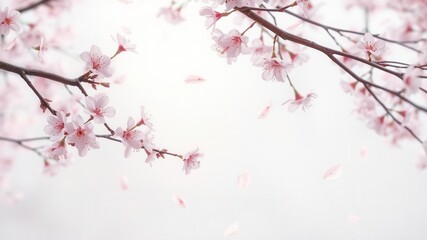 Soft pink sakura petals gently falling against a blurred background, soft, sakura tree, sakura
