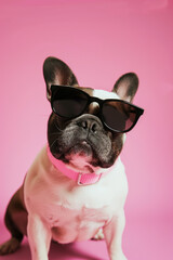 Fototapeta premium Adorable bulldog wearing sunglasses and pink collar in a cute pet fashion portrait