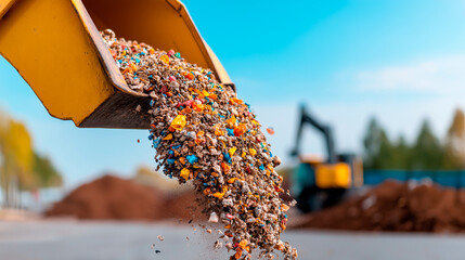 A close-up view of garbage being unloaded from a dumpster truck at a landfill site. 