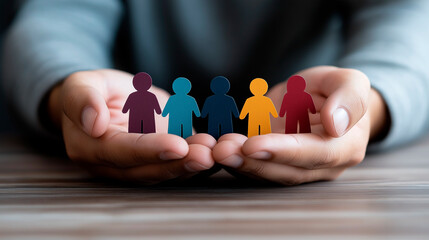 A conceptual image illustrating diversity, inclusion, and equality: paper-cut silhouettes of people in various colors and shapes resting on open hands.