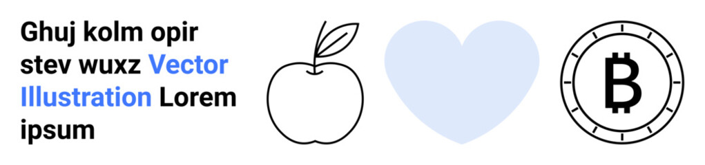 Apple outline, blue heart shape, Bitcoin icon in circle. Ideal for tech, cryptocurrency, health, love, finance, design, modern themes. Emphasis on minimalism, digital graphics, vector art Landing