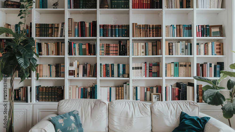 Poster cozy reading nook: a comfortable off-white sofa sits before a large, floor-to-ceiling bookcase fille