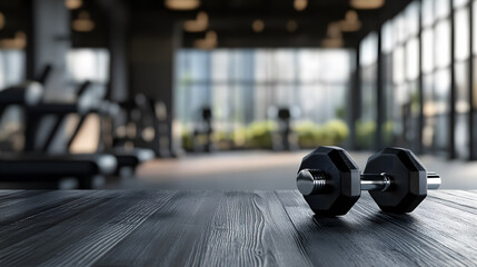 A black desk with free space for decoration, set against a blurred gym interior filled with metal dumbbells.