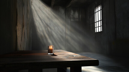 Dark room with single candle flickering on wooden table during power outage, symbolizing temporary darkness and reliance on alternative light sources.

