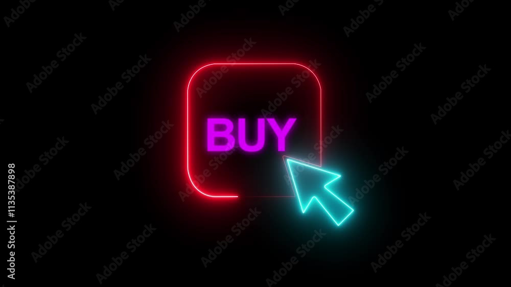 Poster neon buy button icon video hd - glowing buy symbol with click cursor on black background representin