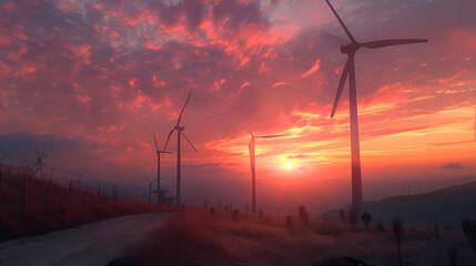 Wind Turbines at Sunset:  Wind turbines stand tall against a breathtaking sunset, their blades casting long shadows as the sun dips below the horizon.  The dramatic sky in vibrant hues of pink.