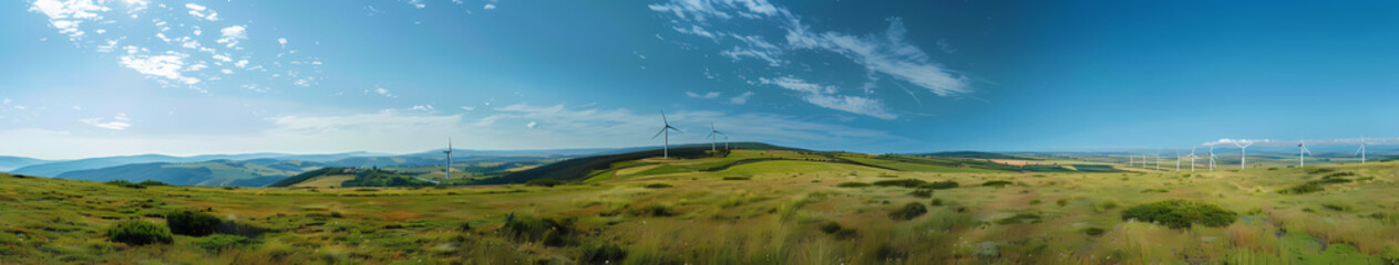 Fototapeta premium Wind Turbines on Hilltop: A panoramic view of wind turbines gracefully positioned atop a hill, set against a vibrant blue sky dotted with fluffy white clouds.